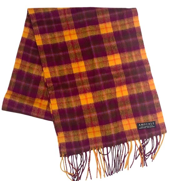 Amicale Merino Wool Plaid Scarf yellow Orange & Fuchia Purple Tartan Fringed - Picture 2 of 6